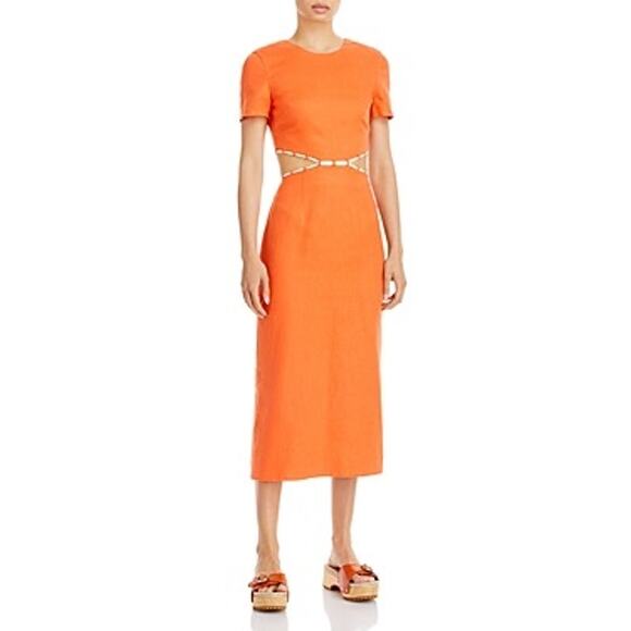 Staud Orange Matteo Cut Out Linen Midi Dress Size 0 - Picture 2 of 8